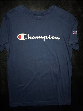Champion Navy Blue Script Logo Short Sleeve Tee